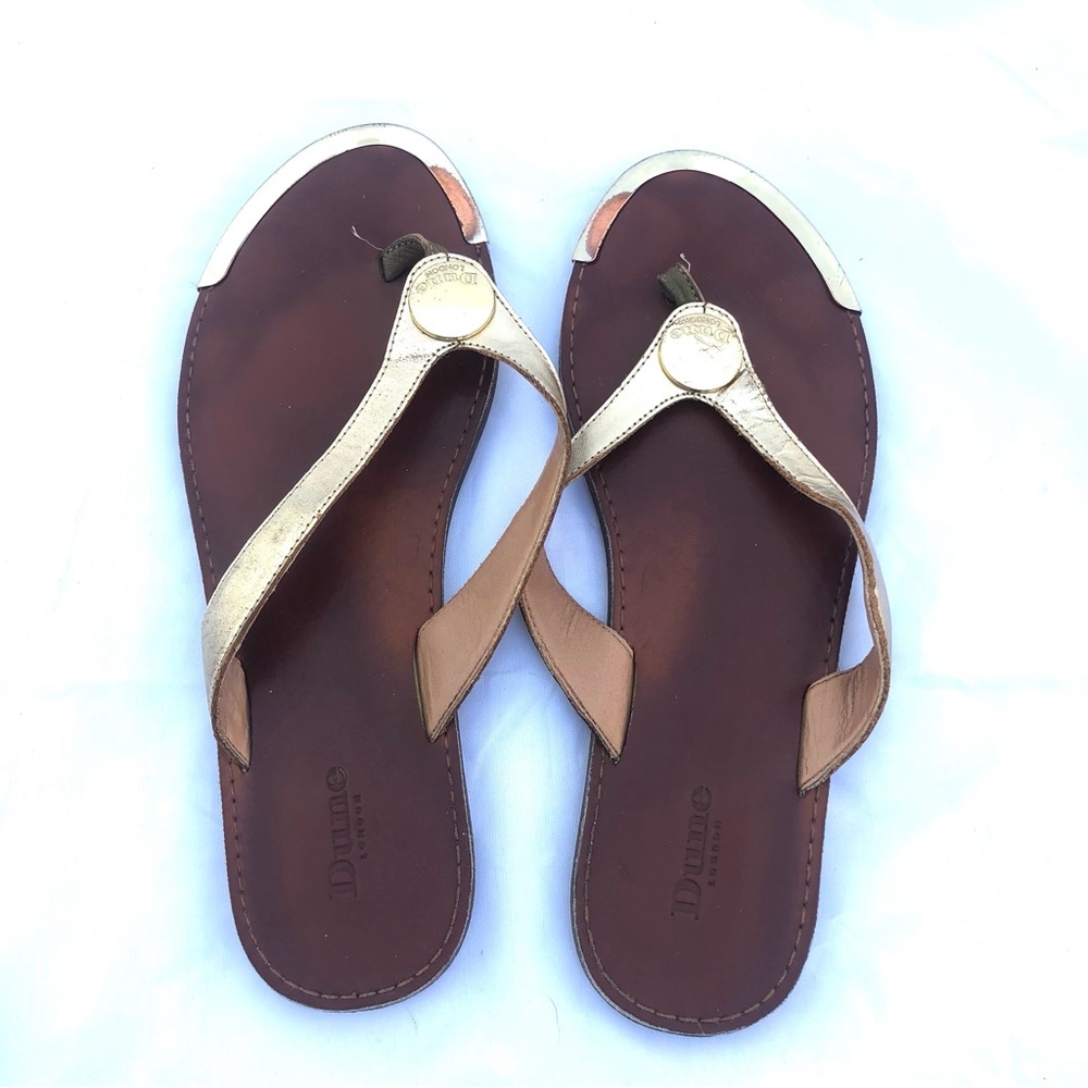 Dune London Gold Leather Flip Flops Sandals sz 7,5